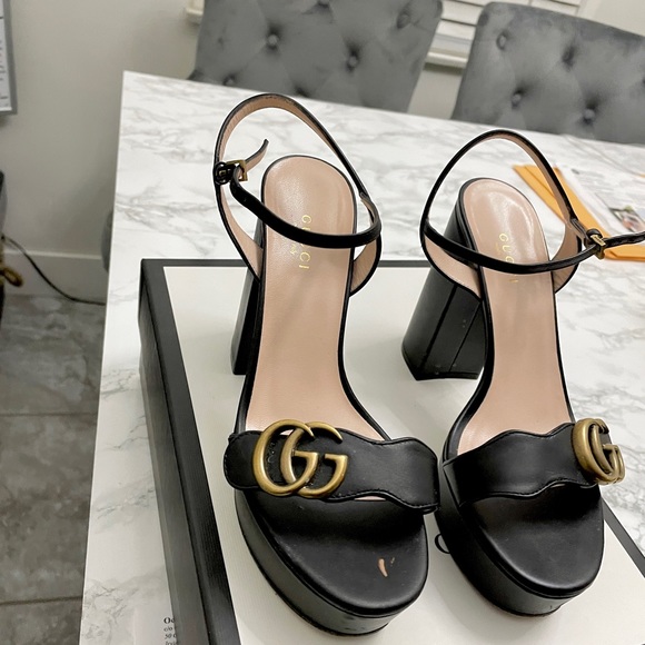 100% Authentic Gucci Black Calfskin GG Marmont Ankle Wrap Platform Sandals - Picture 6 of 12